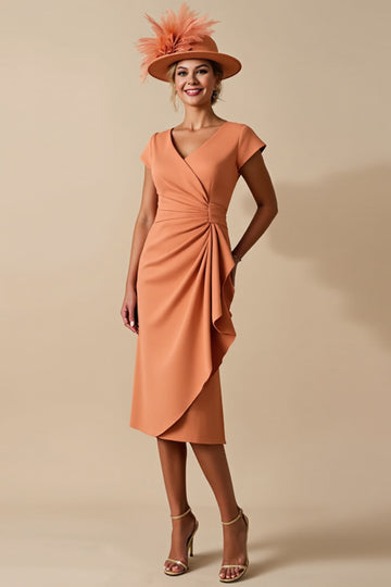 Orange Sheath Ruffled Midi Mother of the Bride Dress